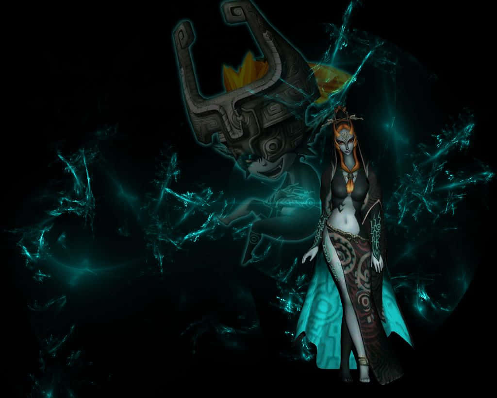 The Legend Of Zelda Midna 桌布 壁紙 — 一位神秘女戰士帶著發光的青綠色能量和古老面具，漂浮在黑暗的宇宙背景中。