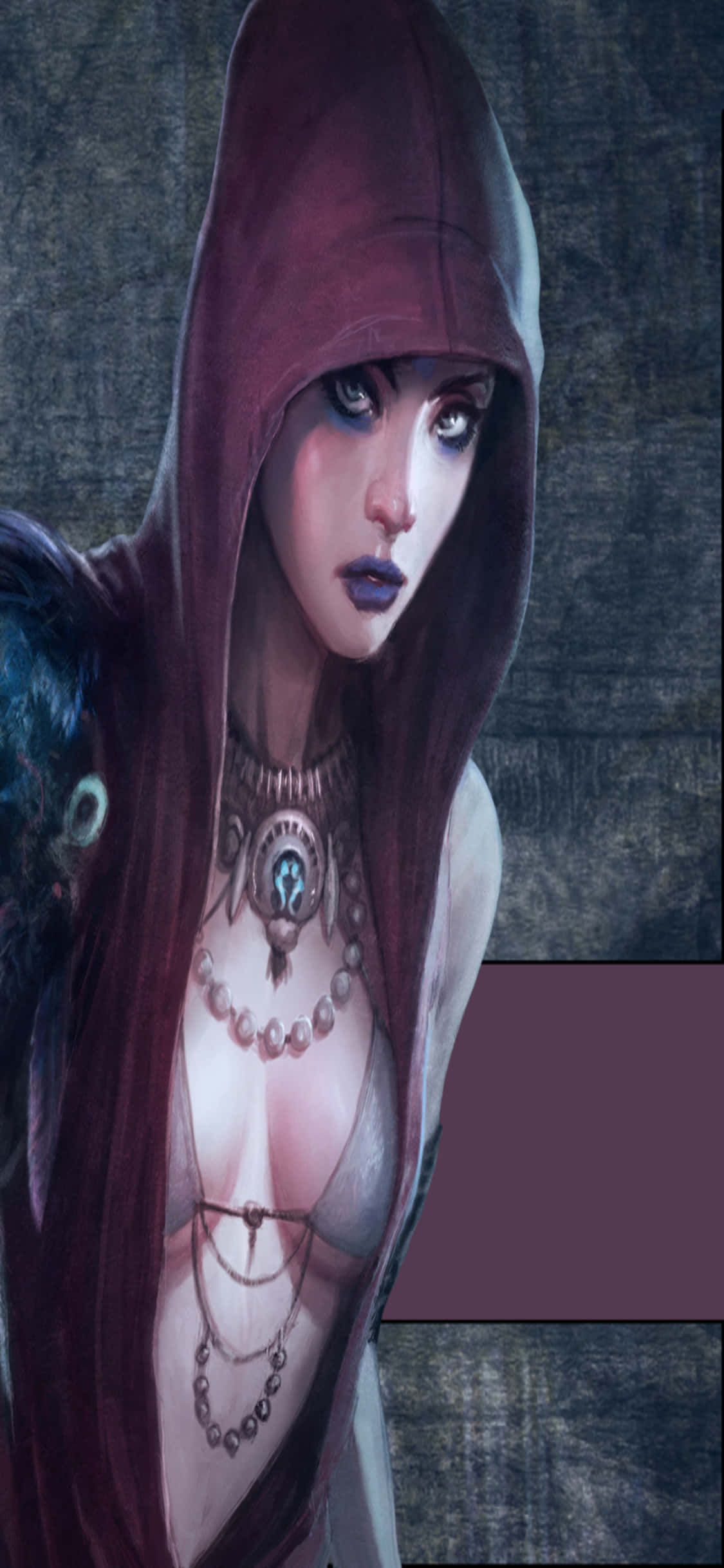 iPhone Xs Dragon Age Inquisition 桌布 壁紙 — 一位神秘戴頭巾的女子，蒼白皮膚和深色化妝，專注地凝視，佩戴華麗珠寶，背景是紋理石牆。