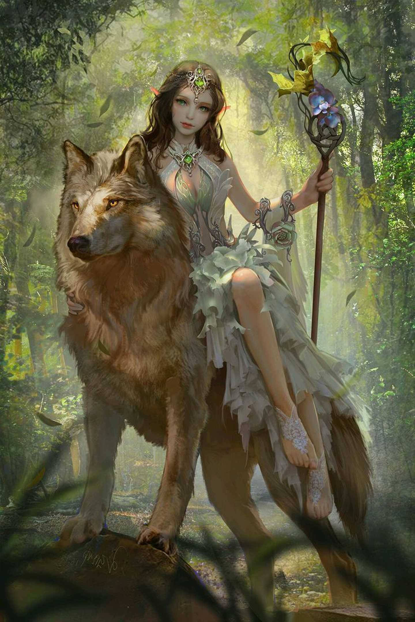 精靈 桌布 壁紙 — 一位神秘森林少女戴著花卉裝飾，騎著一頭大狼穿過陽光斑駁的林間空地。
