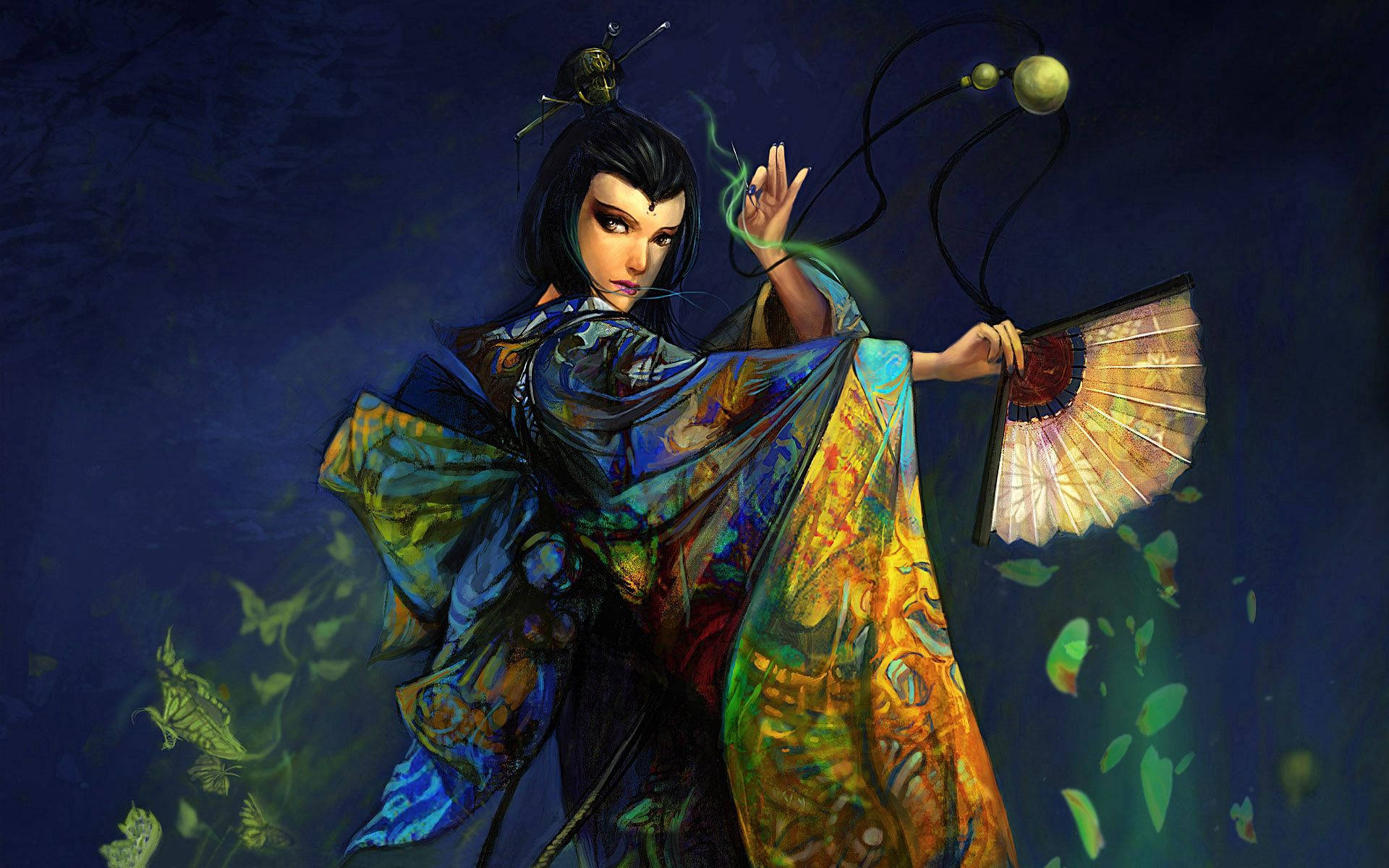 舞蹈 桌布 壁紙 — 一位神秘的動漫女性穿著飄逸的彩色長袍，手持扇子，發光的綠色能量在她周圍旋轉，背景是深藍色。