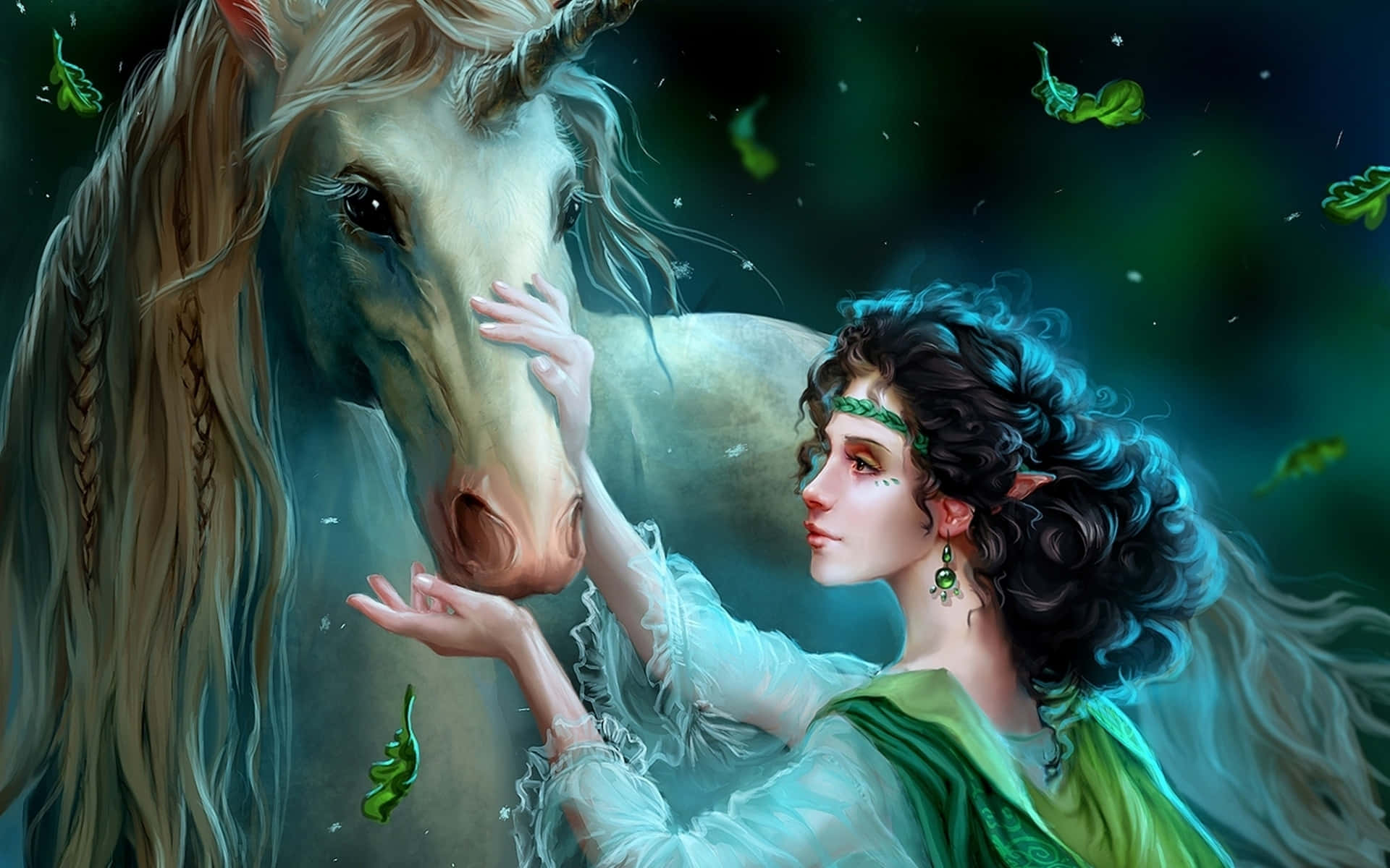 Unicorn Coloring 桌布 壁紙 — 一位神秘的精靈在夢幻般的森林中輕撫著一匹雄偉的獨角獸，森林沐浴在空靈的綠光中。