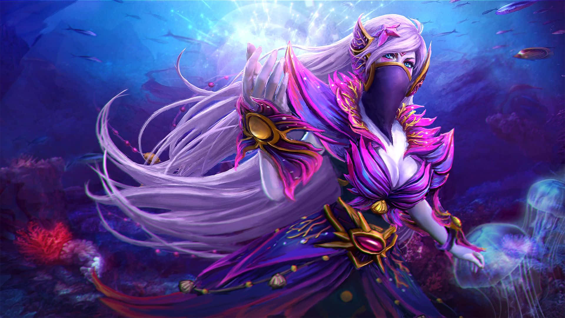 Templar Assassin 桌布 壁紙 — 一位神秘的紫色裝甲戰士，飄逸的白髮，優雅地游過一個充滿生物發光水母和珊瑚的 vibrant 水下領域。
