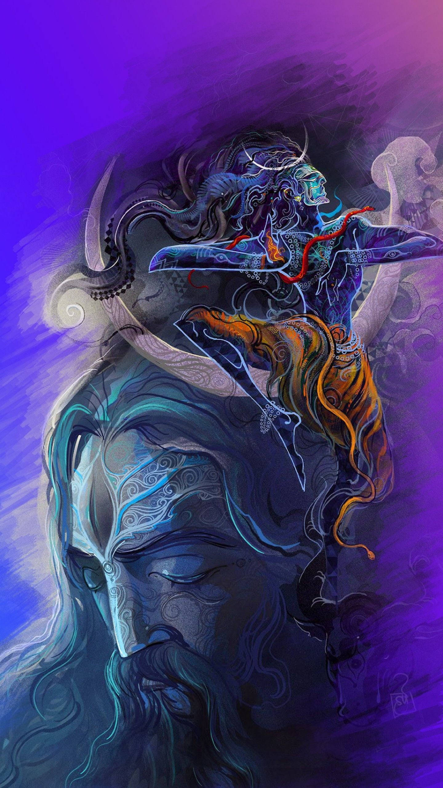 Hindu God 桌布 壁紙 — 一位神秘的藍皮膚神祇，擁有飄逸的頭髮和華麗的圖案，在充滿活力的紫色漸變背景上動態地升起。