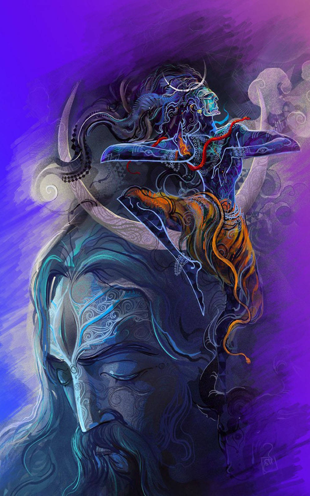 Aghori 桌布 壁紙 — 一位神秘的藍皮膚神祇，擁有飄逸的頭髮和華麗的圖案，在旋轉的紫色和藍色宇宙背景下動態跳躍。