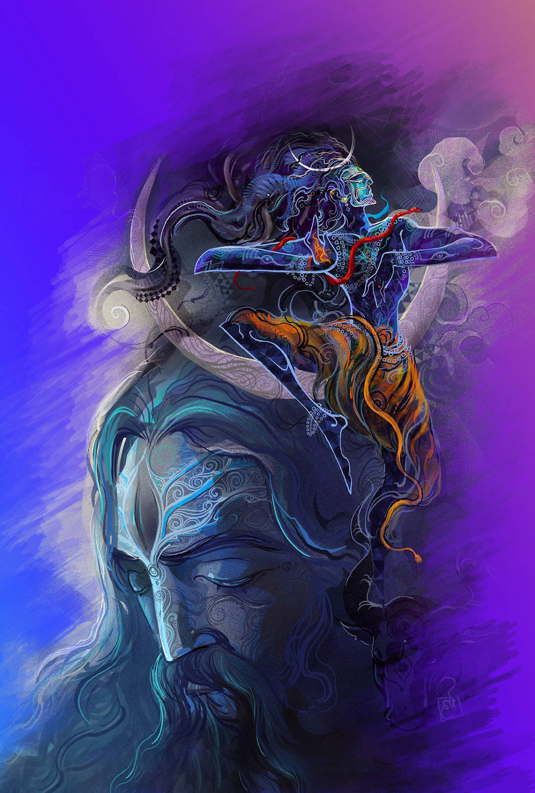 shiva iPhone 桌布 壁紙 — 一位神秘的藍皮膚神祇，擁有飄逸的頭髮和華麗的圖案，騎在一個寧靜的巨臉上，背景是充滿活力的紫色漸變天空。