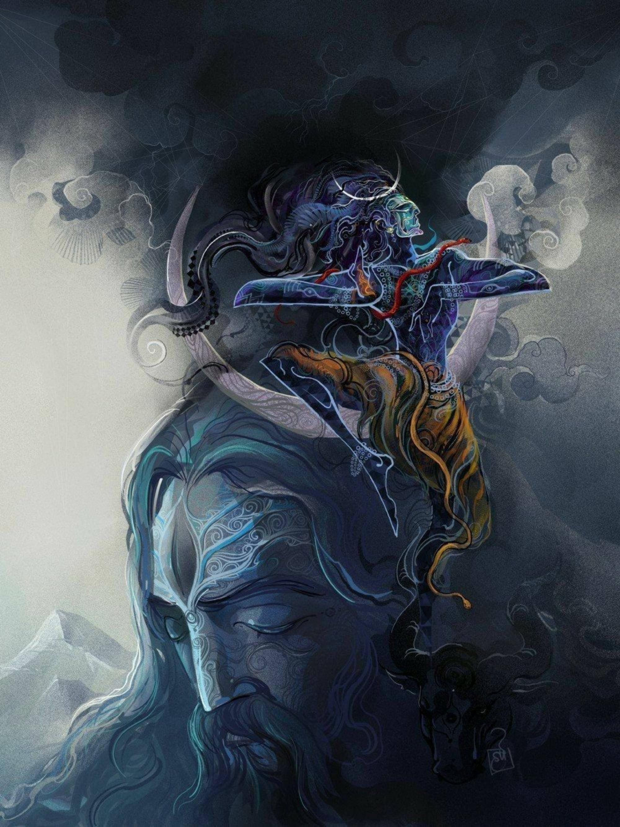 Meditation 桌布 壁紙 — 一位神秘的藍皮膚神祇，長著飄逸的頭髮和角，從寧靜山景上方旋轉的烏雲中浮現。