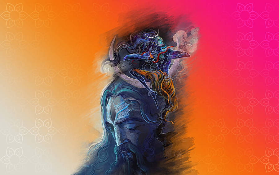 高清 桌布 壁紙 — 一位神秘的藍皮膚神祇，閉著眼睛，頭髮飄逸，由一個較小的人物以動態姿勢加冕，背景是從橙色到粉紅色的漸層，帶有細膩的花卉圖案。