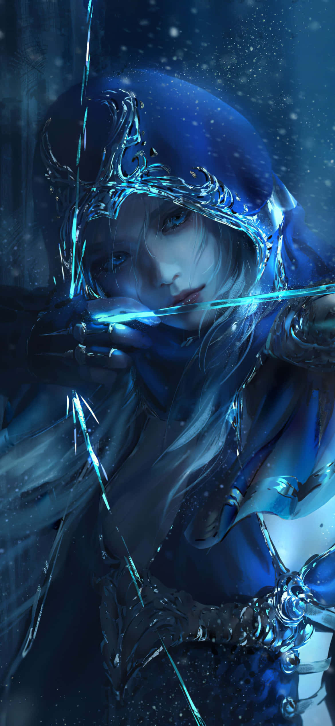Android League Of Legends 桌布 壁紙 — 一位神秘的藍色兜帽弓箭手，擁有發光的眼睛和水晶盔甲，在雪白空靈的森林中瞄準一把發光的弓。