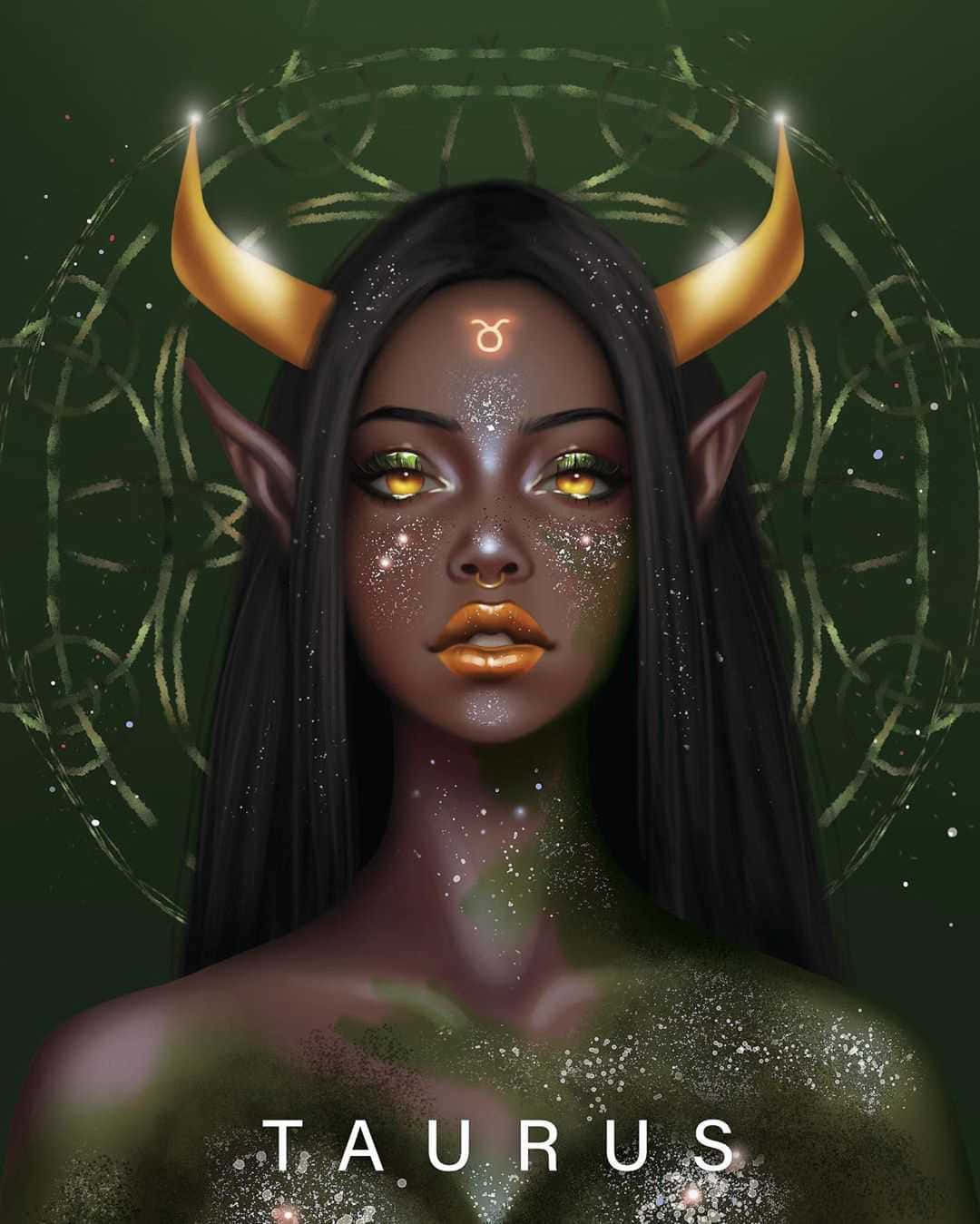 Zodiac Sign 桌布 壁紙 — 一位神秘的金牛座女神，擁有金色角和發光的眼睛，站在深綠色宇宙背景前。