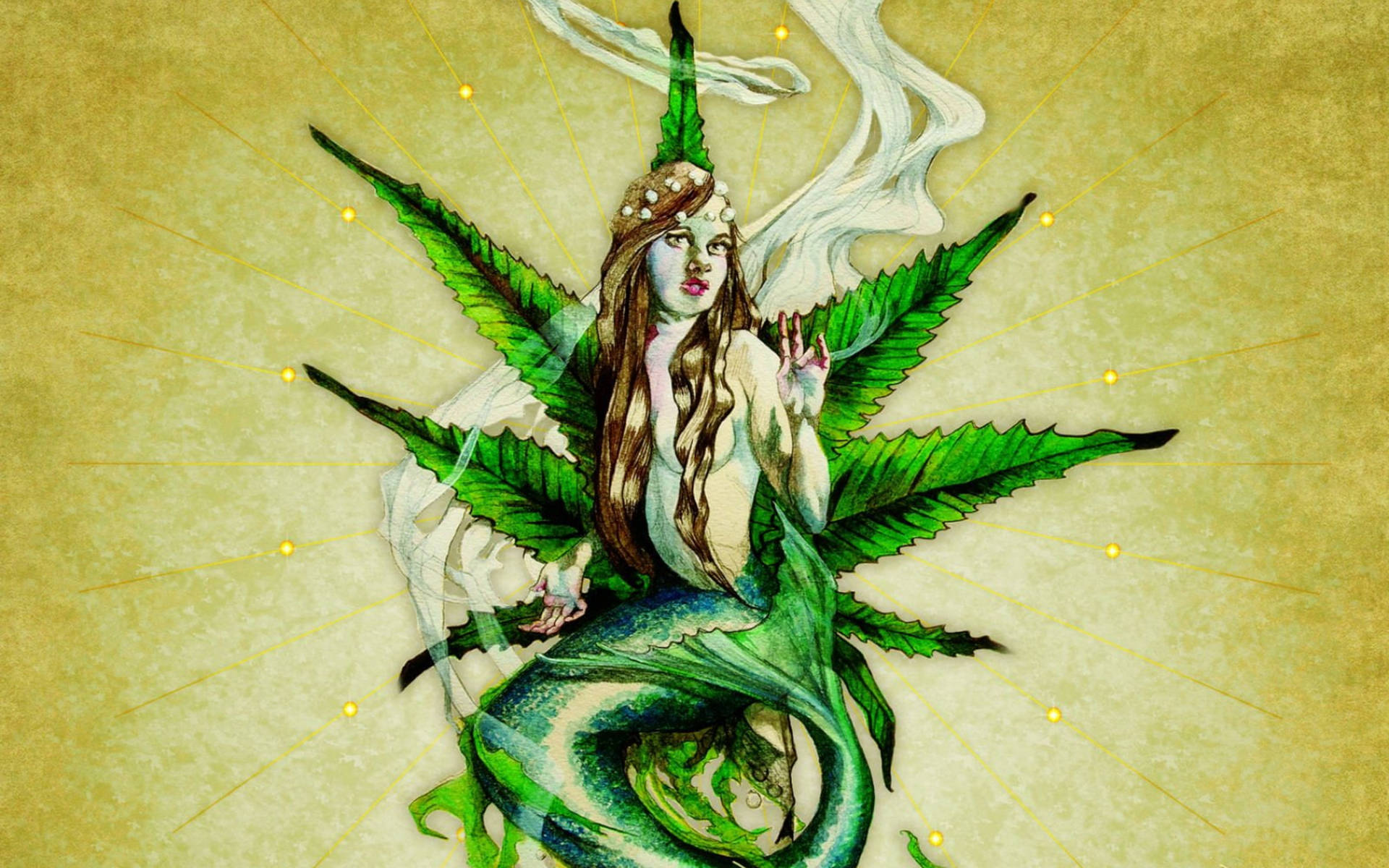 大麻 桌布 壁紙 — 一位神秘綠髮美人魚，以大麻葉作為翅膀和尾巴，在閃耀的金色背景中發光。