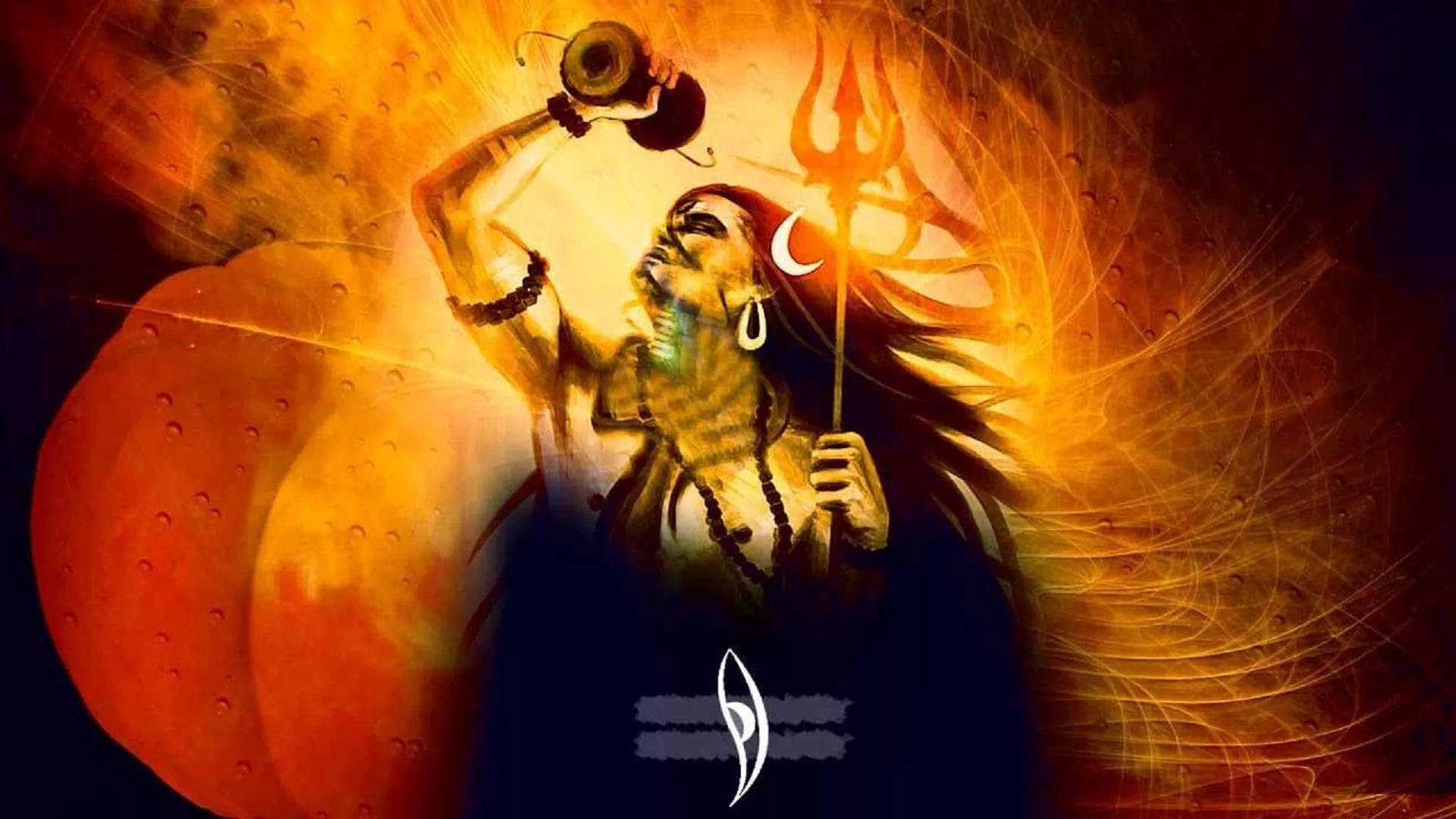 Hindu God 桌布 壁紙 — 一位神聖人物，長髮及新月裝飾，從容器中倒出液體，背景是火熱的橙色和黑色宇宙。