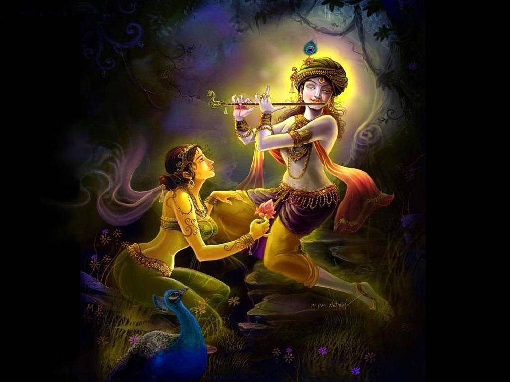 krishna bhagwan 桌布 壁紙 — 一位神聖人物吹奏長笛，一位信徒在金色光芒照耀的神秘森林中獻花。