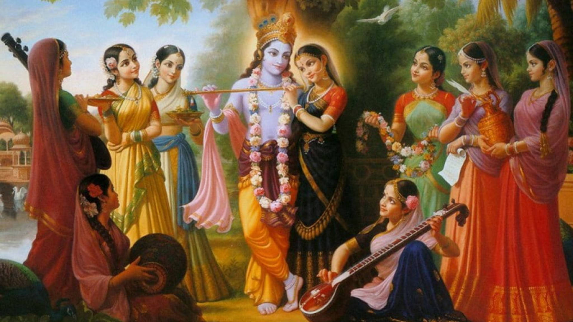 Krishna Desktop 桌布 壁紙 — 一位神聖人物在吹奏笛子，被身穿鮮豔傳統服飾的優雅女性圍繞在茂盛的花園中。