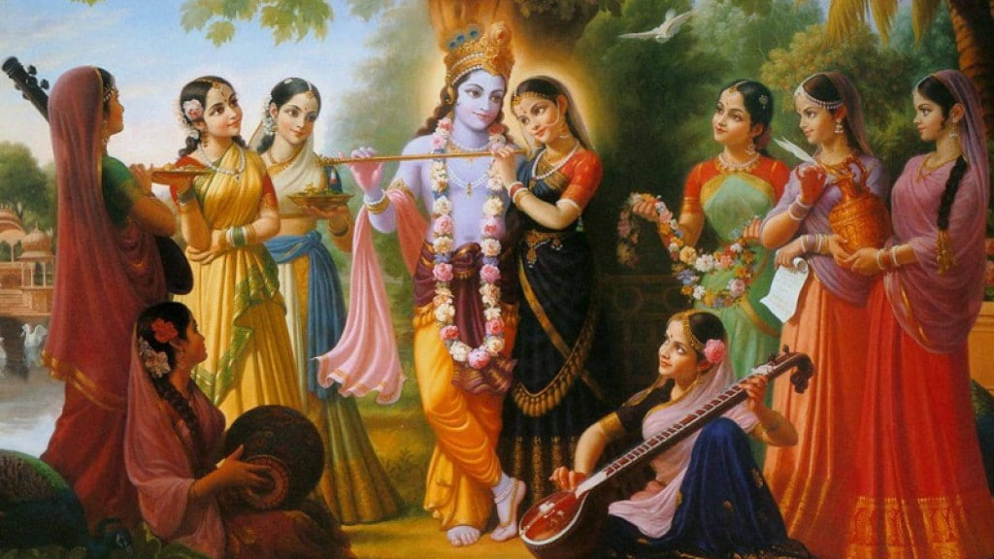 krishna ji 桌布 壁紙 — 一位神聖人物在茂密樹蔭下吹奏長笛，周圍是身著鮮豔傳統服飾的優雅女子。