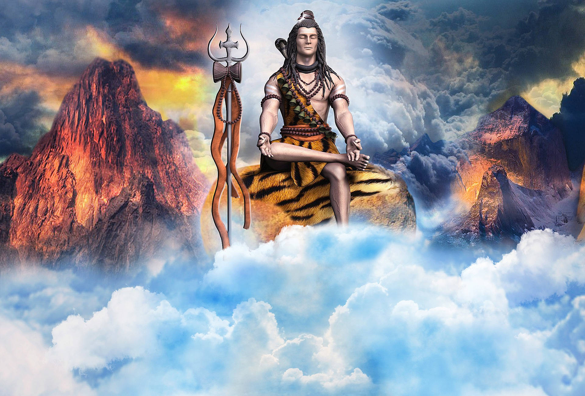 shiv shankar 桌布 壁紙 — 一位神聖人物在虎皮寶座上冥想，周圍環繞著旋轉的雲霧，背景中燃燒的山峰閃耀著光芒。