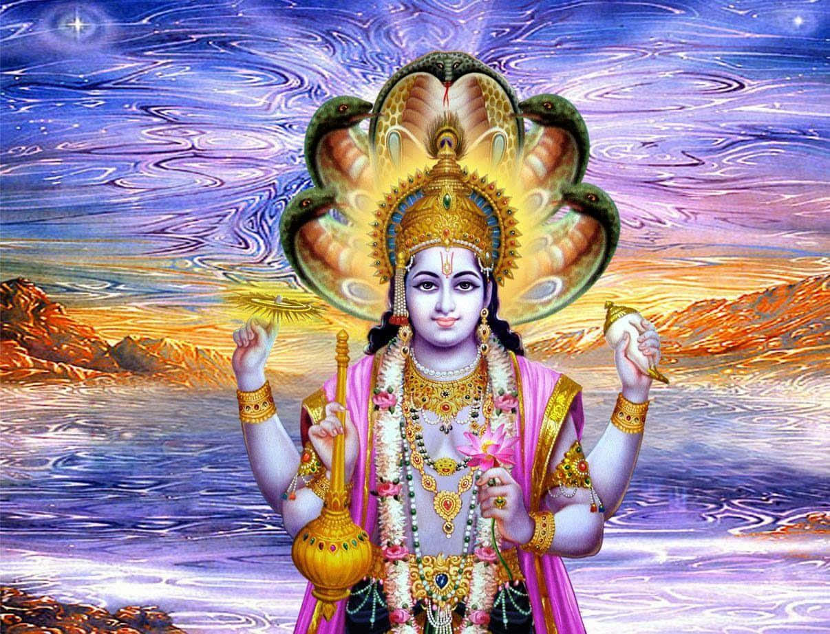 vishnu HD 桌布 壁紙 — 一位神聖人物戴著多頭蛇冠，寧靜地站在金色和紫色漩渦宇宙天空前。