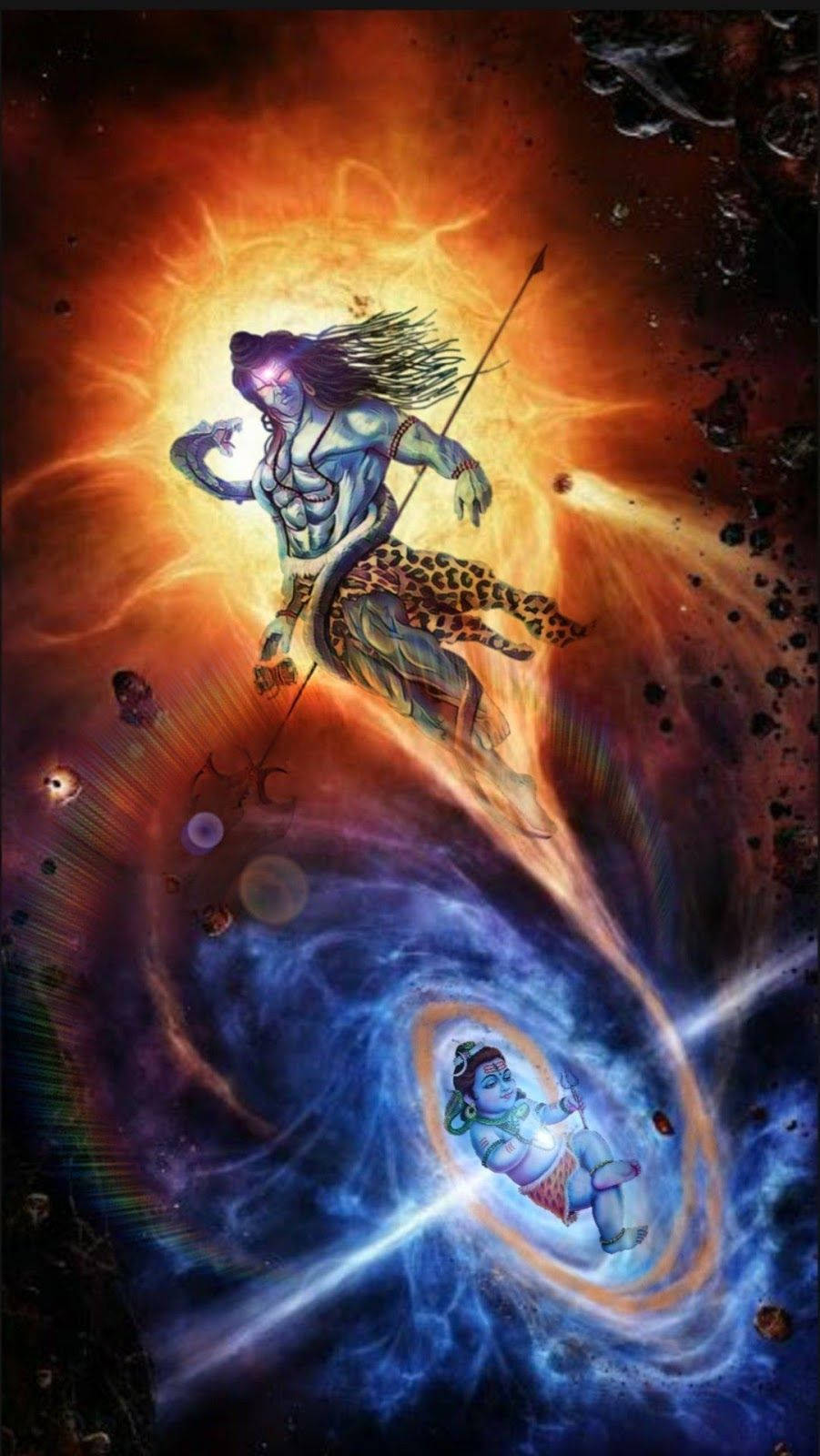 angry shiva 桌布 壁紙 — 一位神聖戰士，雙眼發光，身披豹皮，在宇宙火焰和旋轉星系中揮舞長矛。