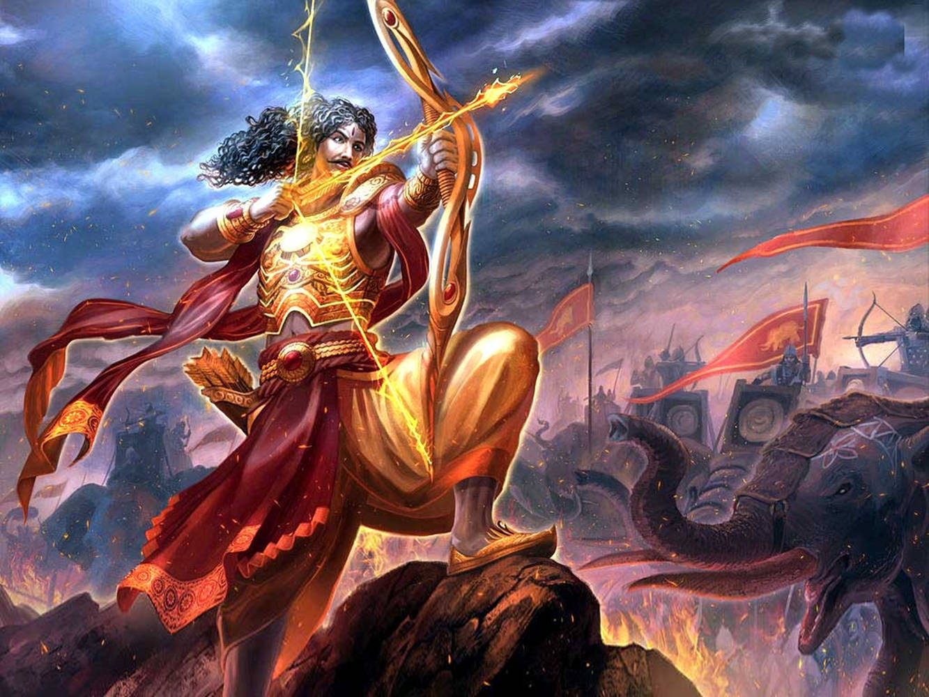 Indian 桌布 壁紙 — 一位神聖戰士手持發光弓箭站在岩石上，戰鬥在暴風雨的天空下激烈進行。