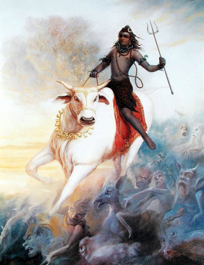 angry shiva 桌布 壁紙 — 一位神聖戰士騎著一頭雄偉的白牛穿過旋轉的雲層，揮舞著三叉戟，而惡魔般的身影在下方逃竄。