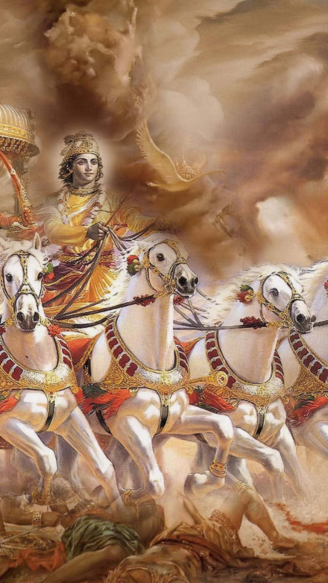 Indian 桌布 壁紙 — 一位神聖戰士騎著四匹白馬穿越風暴天空，金色光芒從他的戰車中散發出來。