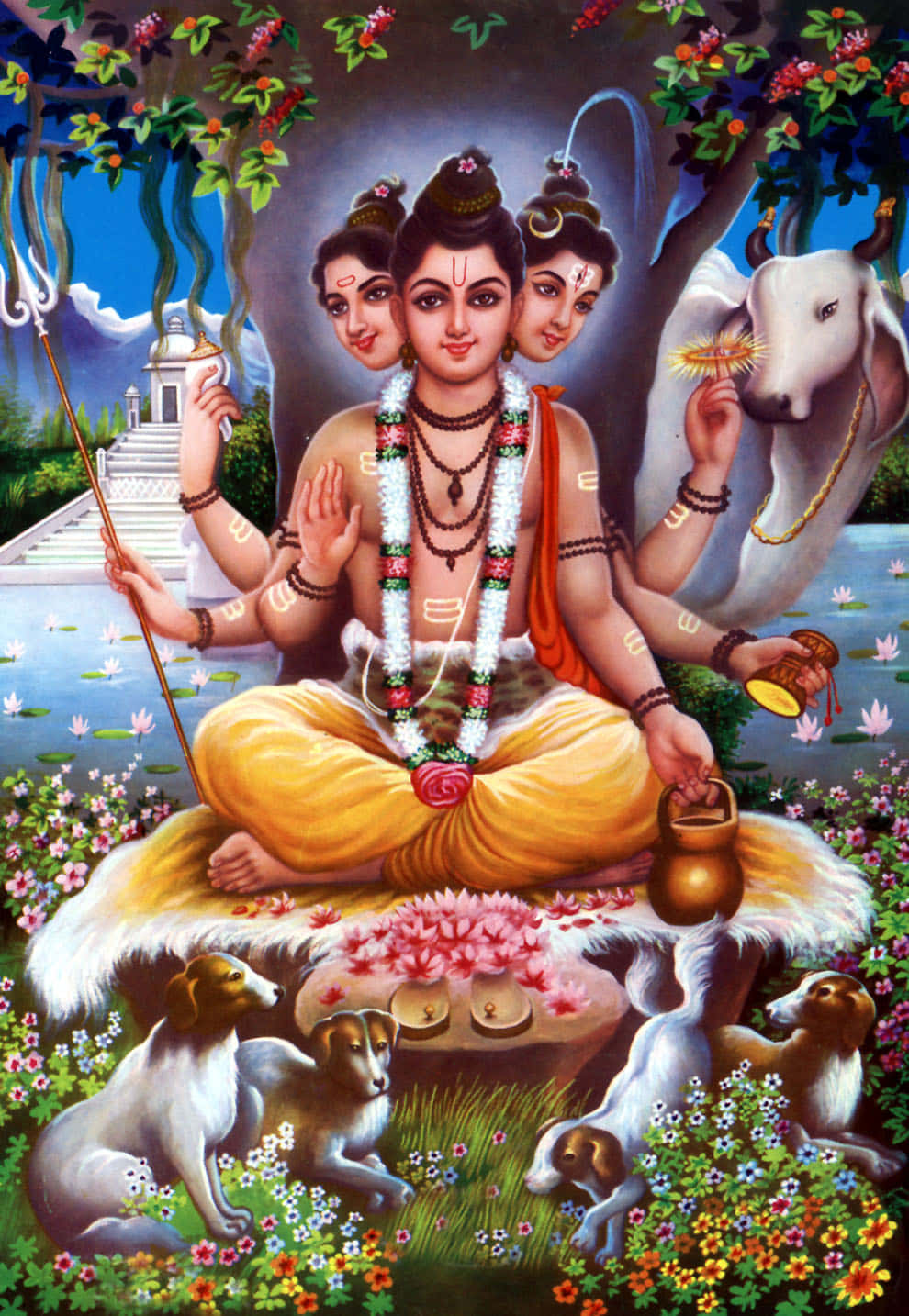 Hindu God 桌布 壁紙 — 一位神聖的三面神祇，多臂，安詳地坐在花王座上，旁邊有一頭白牛和頑皮的狗，在茂盛的花園中。
