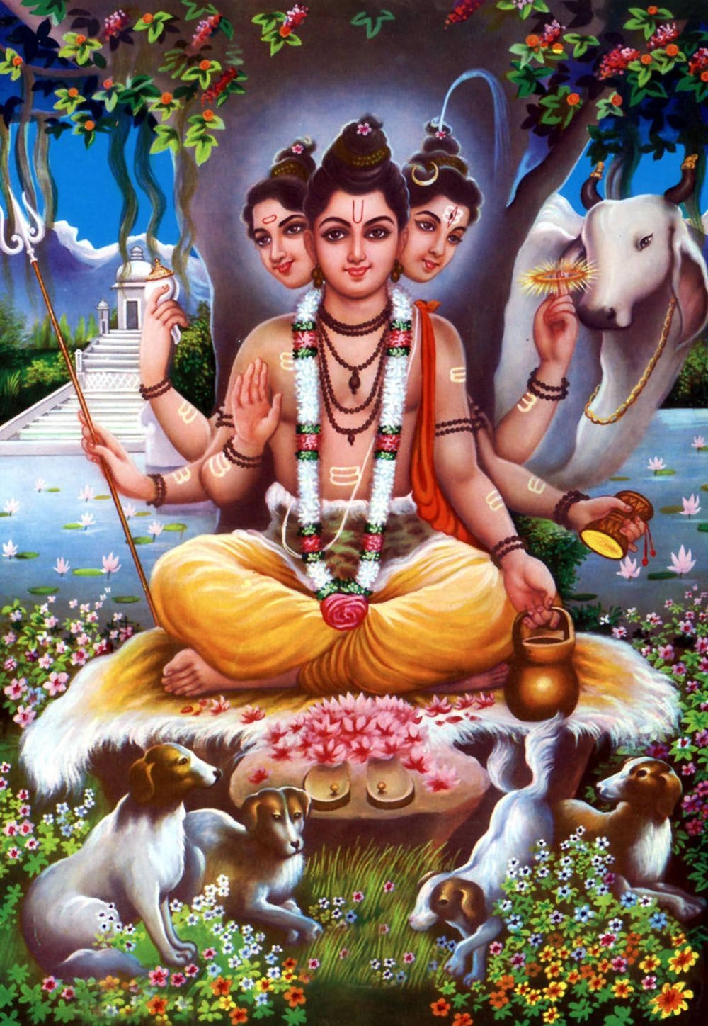 Dattatreya 桌布 壁紙 — 一位神聖的三面神祇，多臂，安詳地坐在花卉寶座上，周圍有狗和一頭白牛，身處一棵開花的樹下。