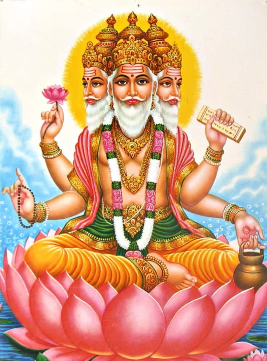 Hindu God 桌布 壁紙 — 一位神聖的三面神祇，白鬍鬚，戴金色皇冠，安詳地坐在一朵大粉紅蓮花上，手持聖物。