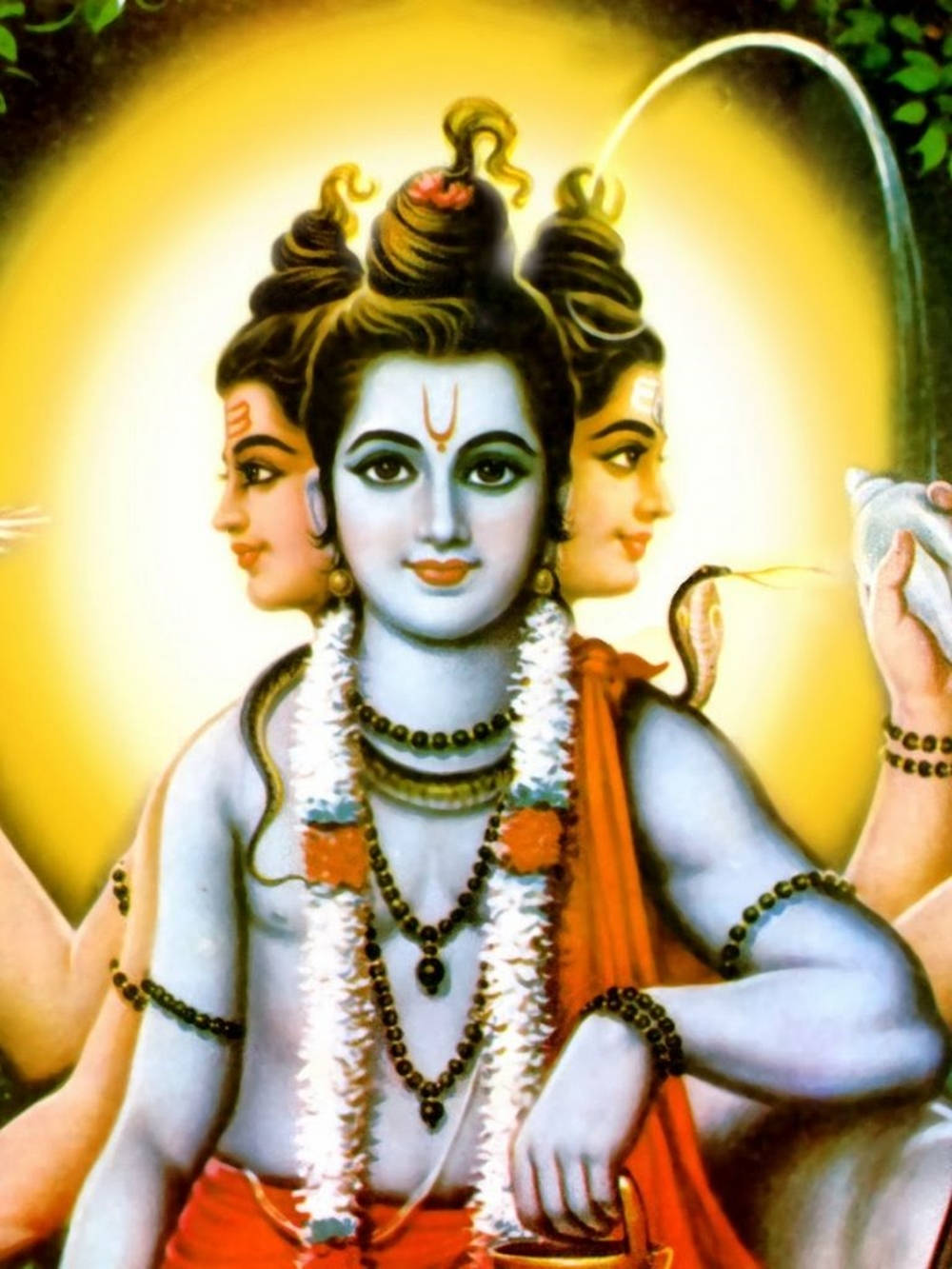 Dattatreya 桌布 壁紙 — 一位神聖的三面神祇，藍色皮膚，身穿紅色衣服，佩戴白色花環，背後有燦爛的金色光環。