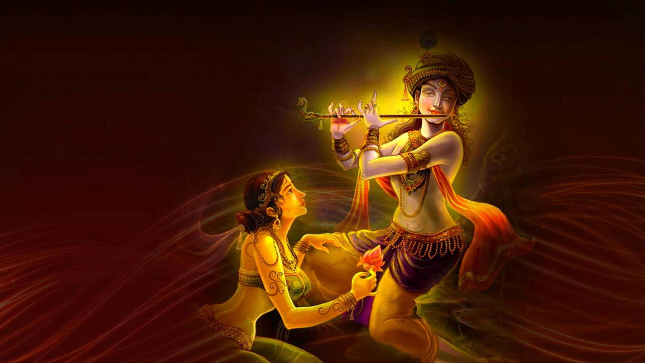 krishna 3d 桌布 壁紙 — 一位神聖的人物吹奏長笛，一位信徒在深紅色背景前，在閃耀的金色懷抱中獻上花朵。