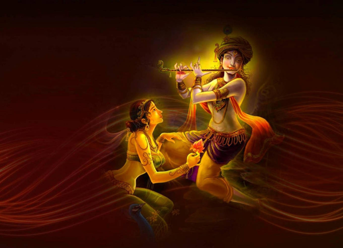 Indian 桌布 壁紙 — 一位神聖的人物吹奏長笛，一位信徒在深紅色背景上的神秘金色光芒中獻上花朵。