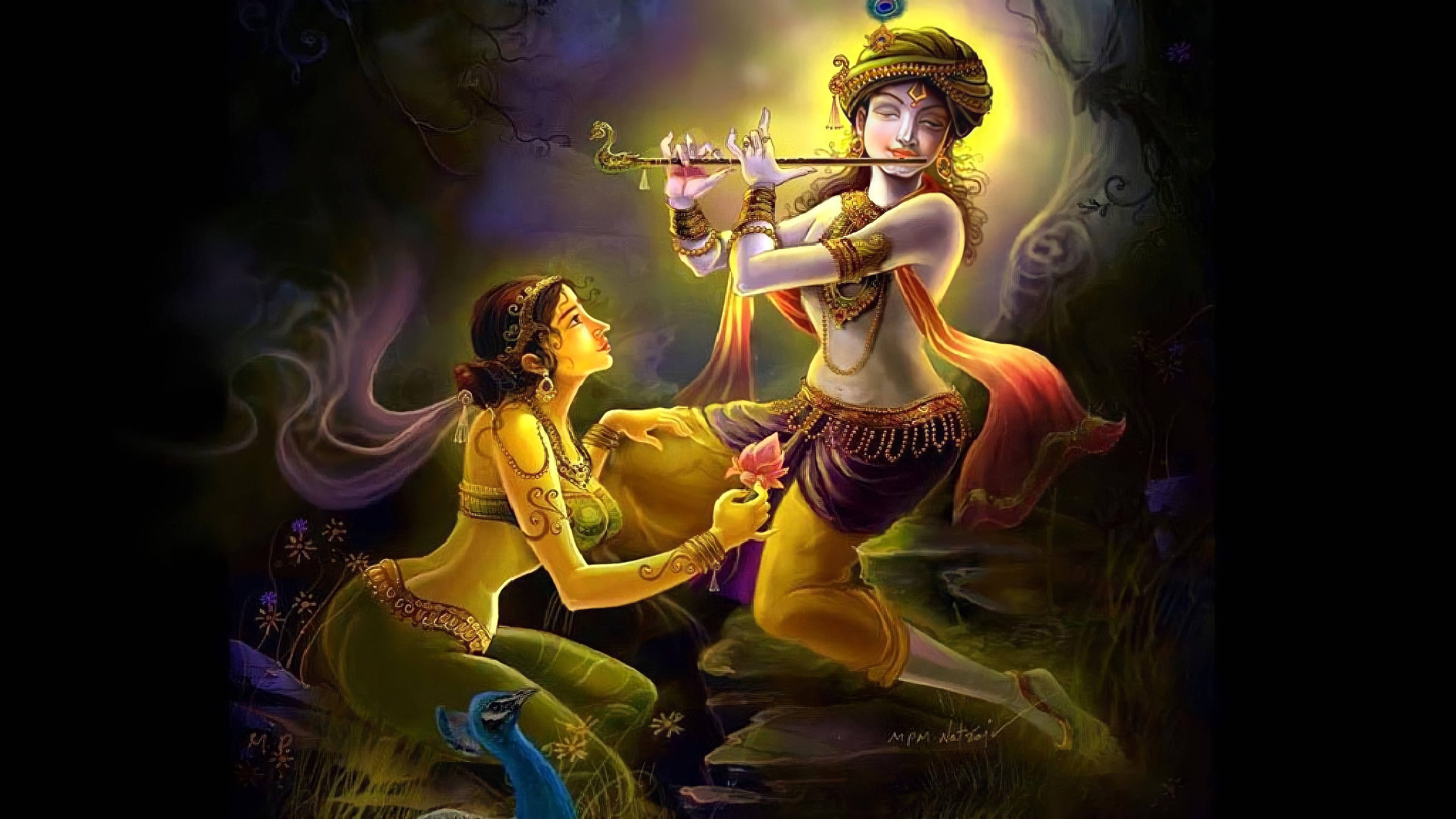 krishna 3d 桌布 壁紙 — 一位神聖的人物吹奏長笛，而一位跪著的女子在金色光芒照耀的神秘森林中獻花。