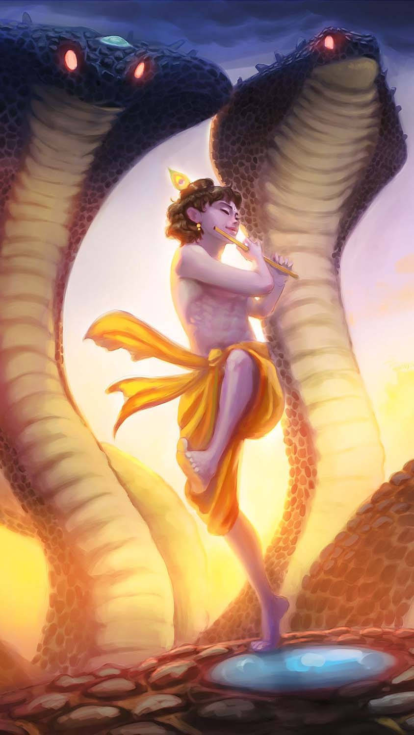 krishna iPhone 桌布 壁紙 — 一位神聖的人物站在石台上吹奏長笛，周圍有兩條巨大的蛇，眼睛發光。