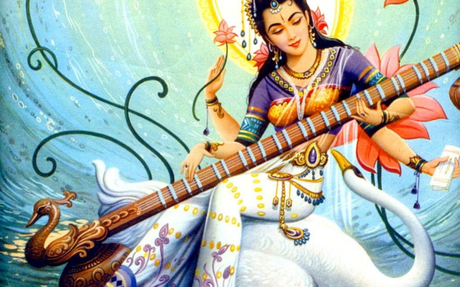 Saraswati 桌布 壁紙 — 一位神聖的印度女神坐在一隻白天鵝上，彈奏著天鵝頭西塔琴，背景是旋轉的藍色。