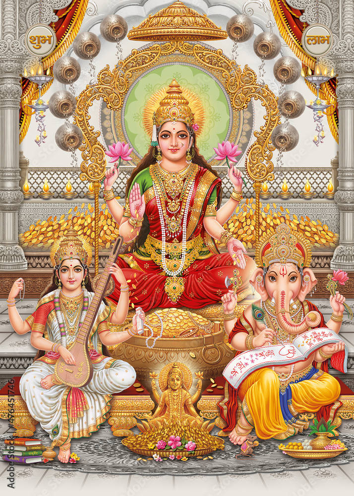 Hindu God 桌布 壁紙 — 一位神聖的印度教女神坐在金色寶座上，兩側有兩位手持蓮花和樂器的神祇，身處裝飾華麗的寺廟環境中。