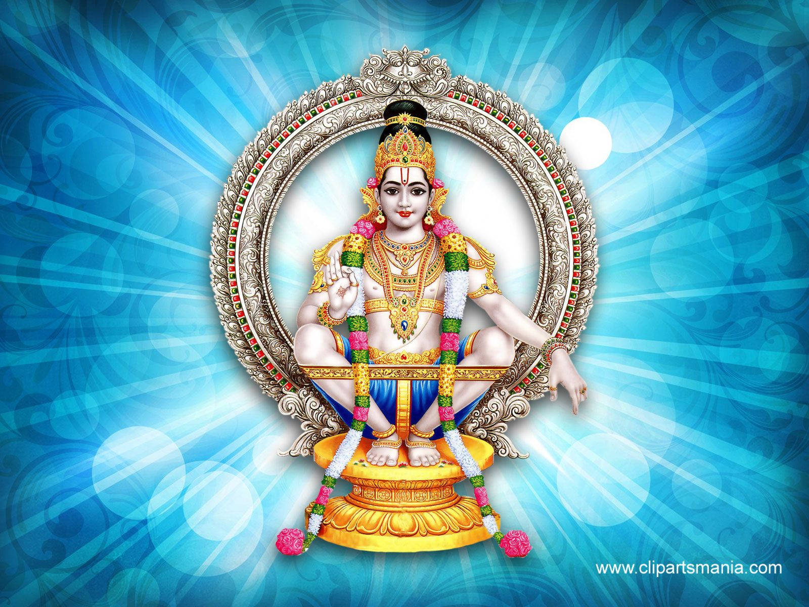 Indian 桌布 壁紙 — 一位神聖的印度教神祇，佩戴著黃金首飾和花環，寧靜地坐在蓮花寶座上，背景是光芒四射的藍色漩渦。