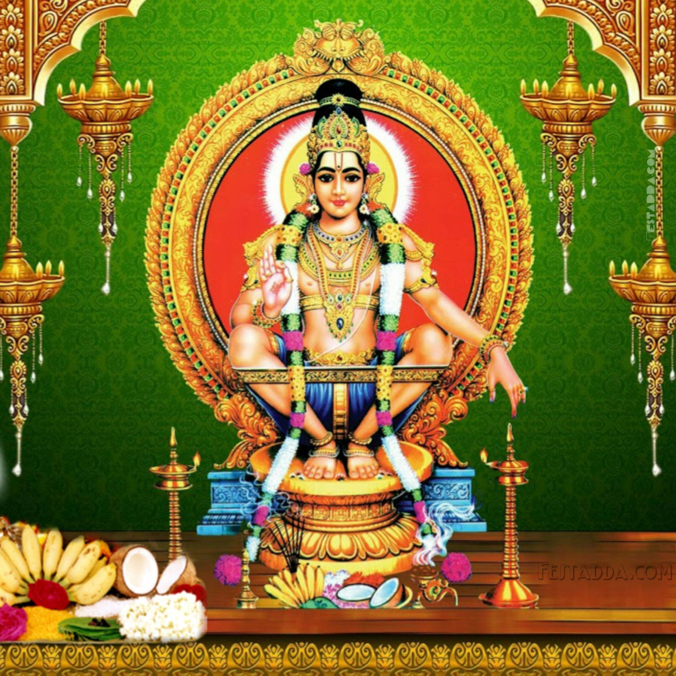 Indian 桌布 壁紙 — 一位神聖的印度教神祇，佩戴著黃金首飾和花環，莊嚴地坐在華麗的寶座上，背景是綠色，掛著燈籠和供品。