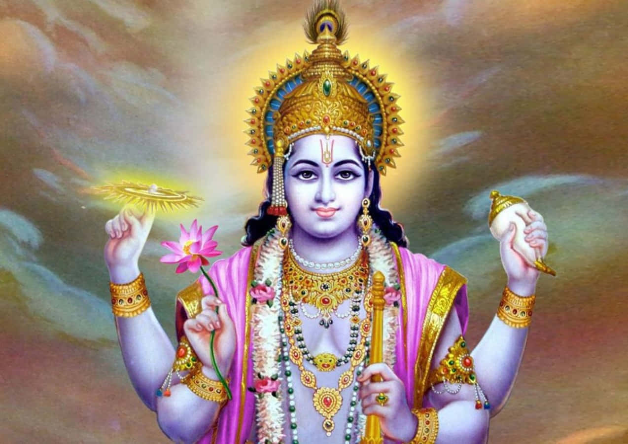 vishnu HD 桌布 壁紙 — 一位神聖的印度教神祇，四臂佩戴金色珠寶，手持法螺、蓮花、法輪和金剛杵，背景是光芒四射的天界。