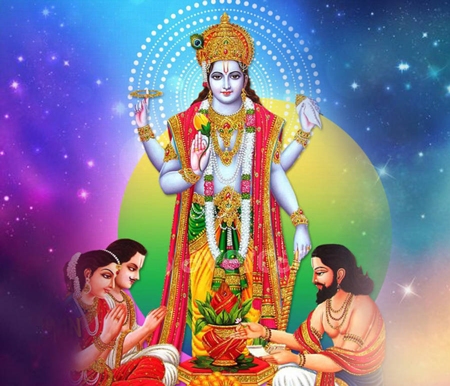 hindu iPhone 桌布 壁紙 — 一位神聖的印度教神祇，多臂，飾有黃金珠寶和色彩繽紛的服飾，在繁星點點的宇宙背景下閃耀，信徒們在神聖的祭壇前獻上祈禱和鮮花。