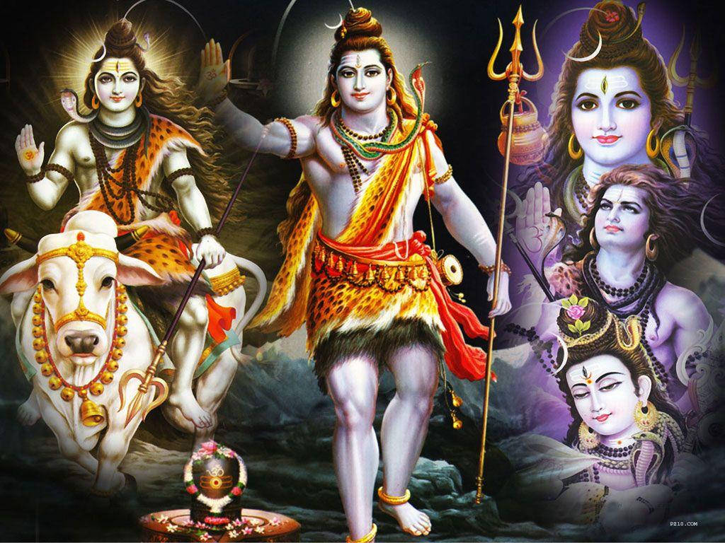 Shankar Bhagwan 桌布 壁紙 — 一位神聖的印度教神祇，擁有多臂和三叉戟，居中站立，兩側有其他神祇和一頭聖牛，身穿鮮豔的橙色和金色服飾，背景是神秘的黑暗。