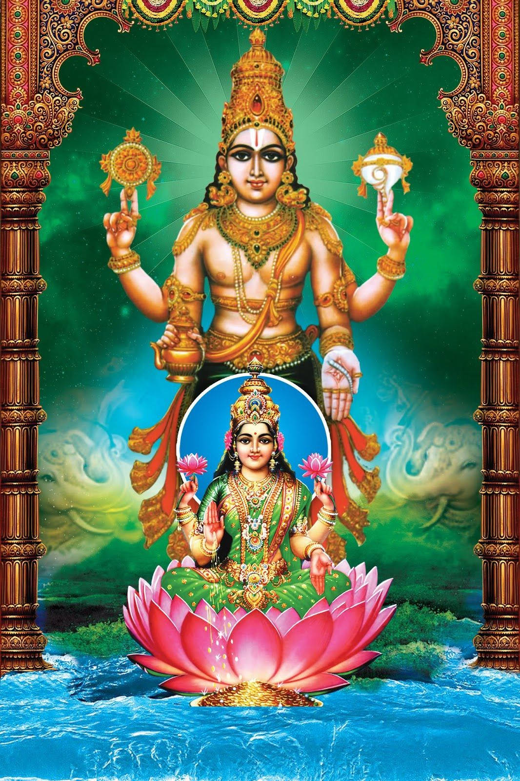 hindu iPhone 桌布 壁紙 — 一位神聖的印度教神祇，有多隻手臂和金色飾物，坐在藍色水中的粉紅色蓮花上，由華麗的柱子框住，背景是光芒四射的綠色。