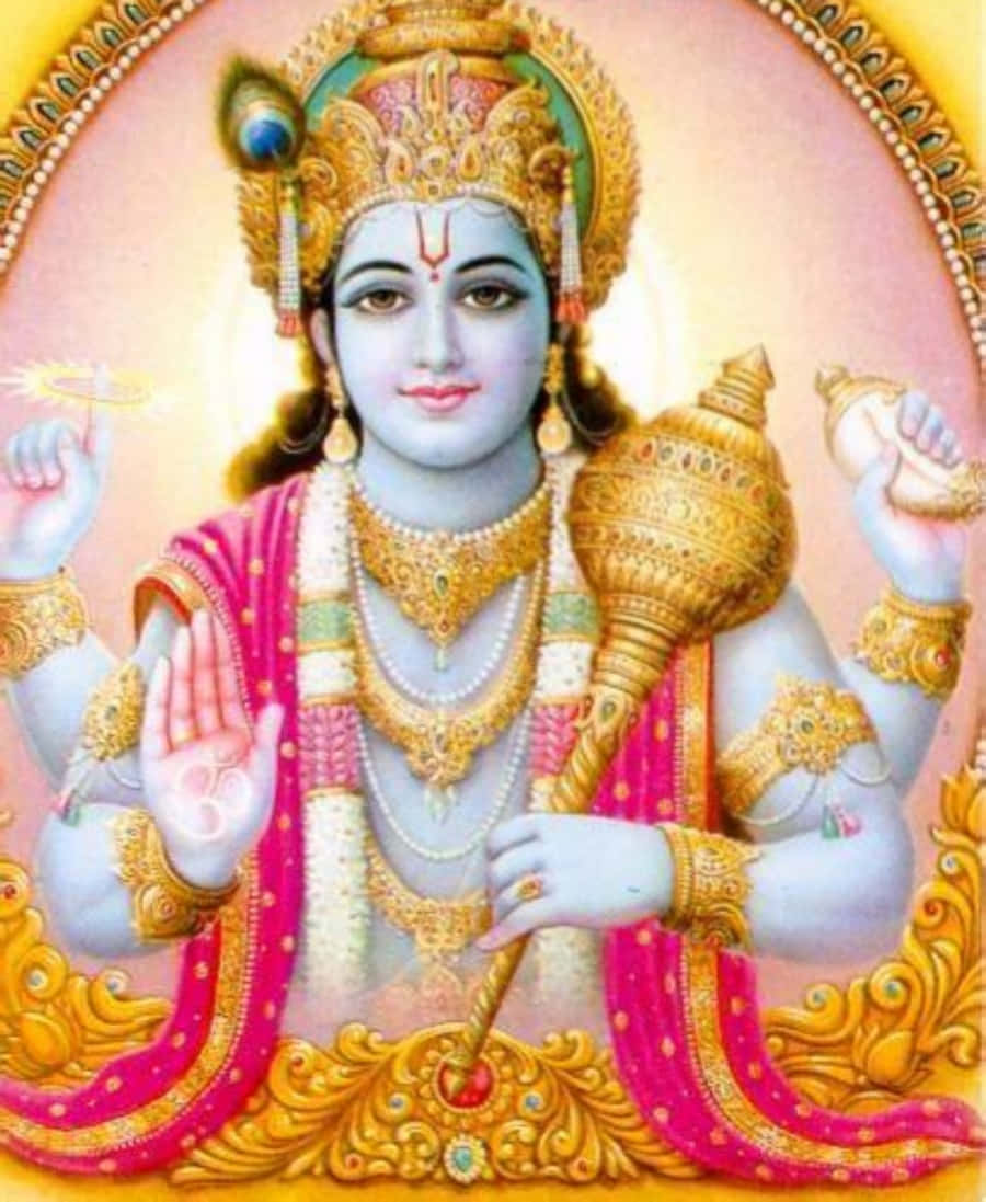 Hindu God 桌布 壁紙 — 一位神聖的印度教神祇，藍色皮膚，飾有金色珠寶和粉紅色服飾，在光芒四射的光環背景下手持神聖符號。