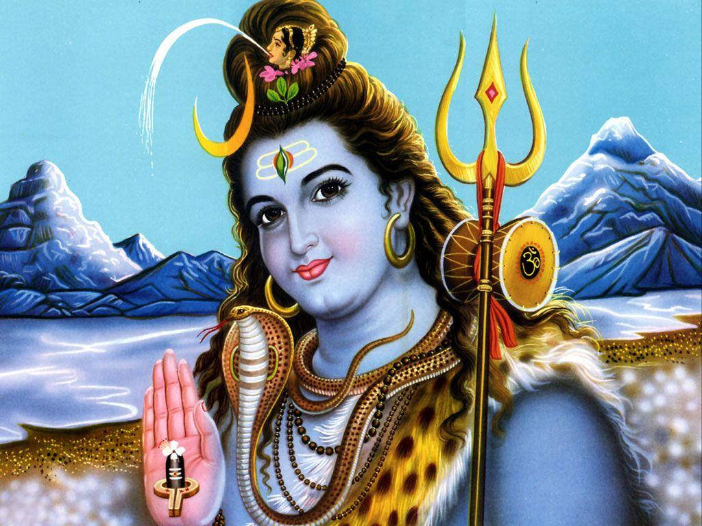 shiv shankar HD 桌布 壁紙 — 一位神聖的印度教神祇，藍色皮膚，在晴朗的天空下，手持三叉戟和蛇，背景是雪山。