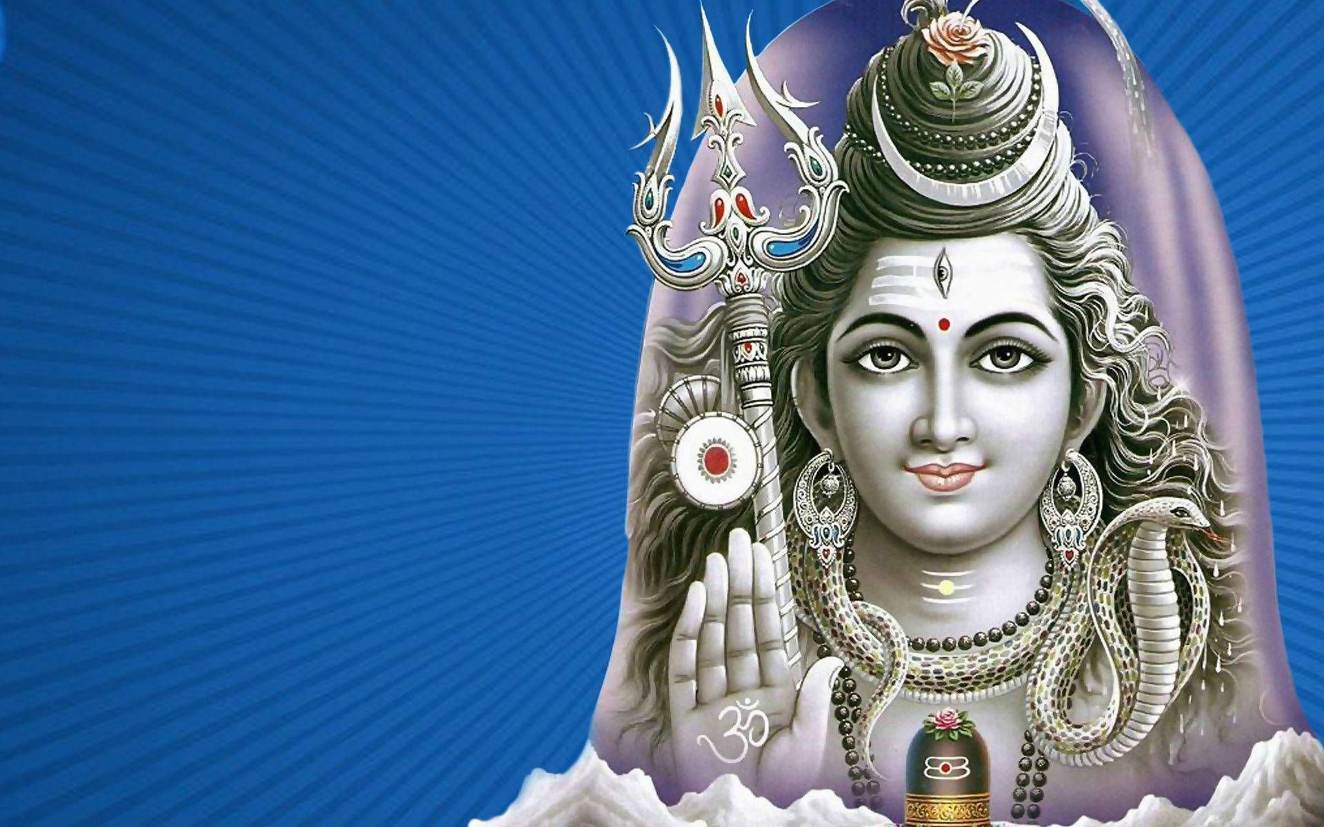 shiv shankar HD 桌布 壁紙 — 一位神聖的印度教神祇，面容寧靜，飾有珠寶和新月皇冠，手持三叉戟，背景為燦爛的藍色。
