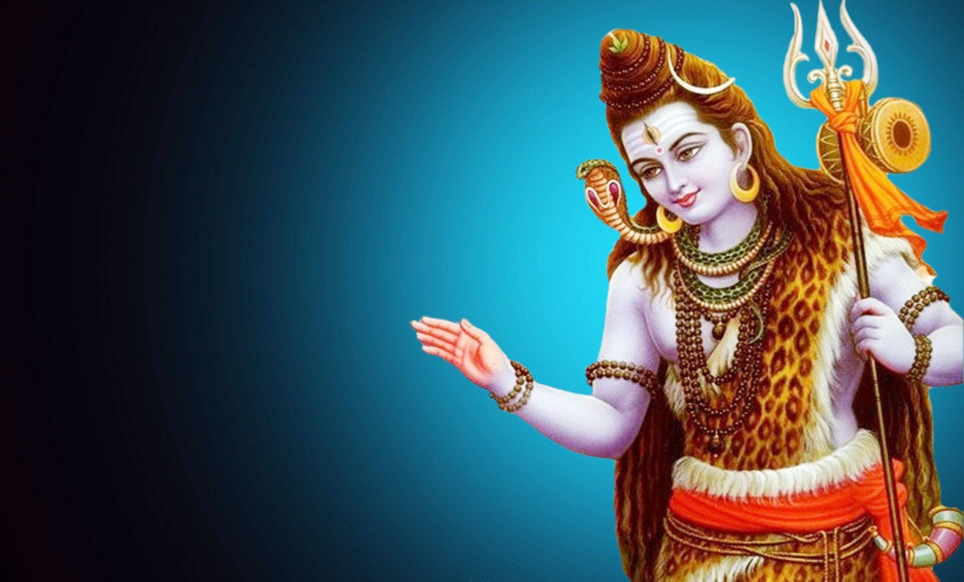 shiv shankar HD 桌布 壁紙 — 一位神聖的印度教神祇，頭上有眼鏡蛇，手持三叉戟，優雅地站在漸變藍色背景前。
