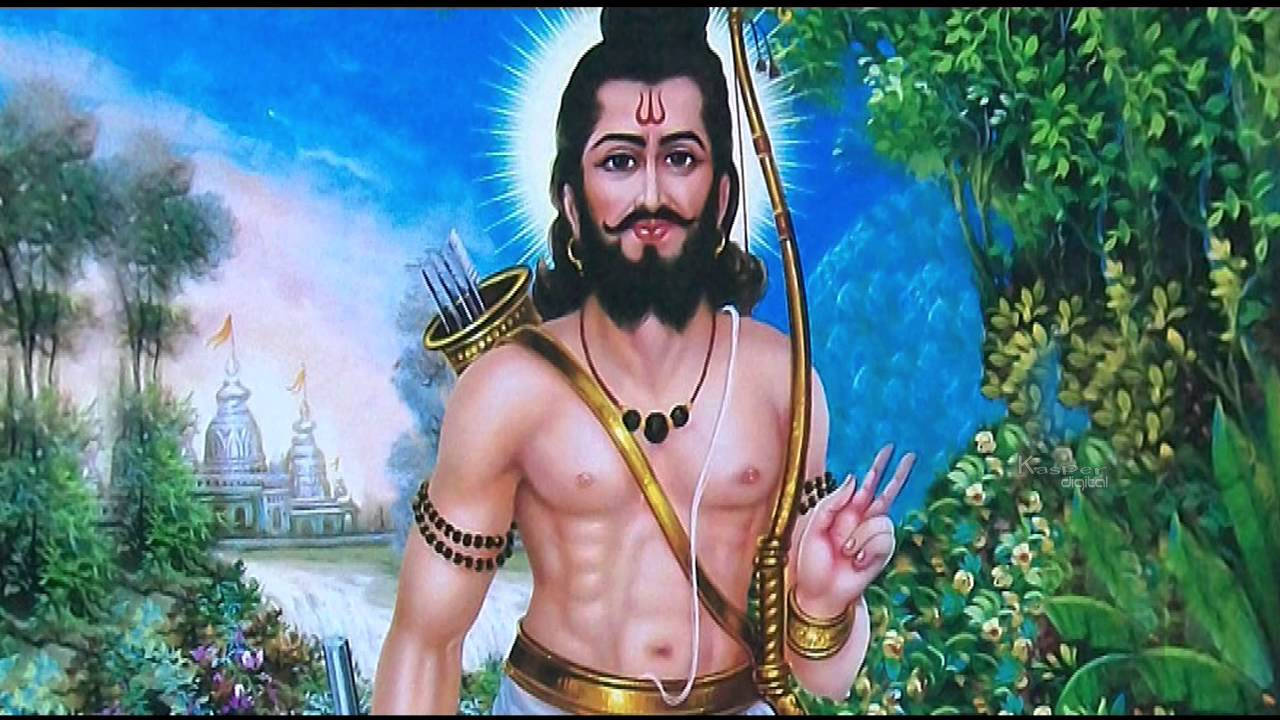 Parshuram 桌布 壁紙 — 一位神聖的印度教神祇，頭頂光環，站在茂密的森林中，手持弓箭，背景是一座寺廟。