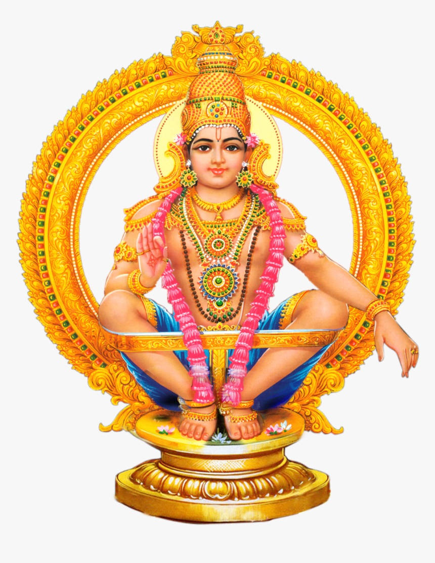 Ayyappa 桌布 壁紙 — 一位神聖的印度教神祇，飾以金色飾物和粉紅色花環，安詳地坐在蓮花寶座上，周圍環繞著華麗的金色光環。