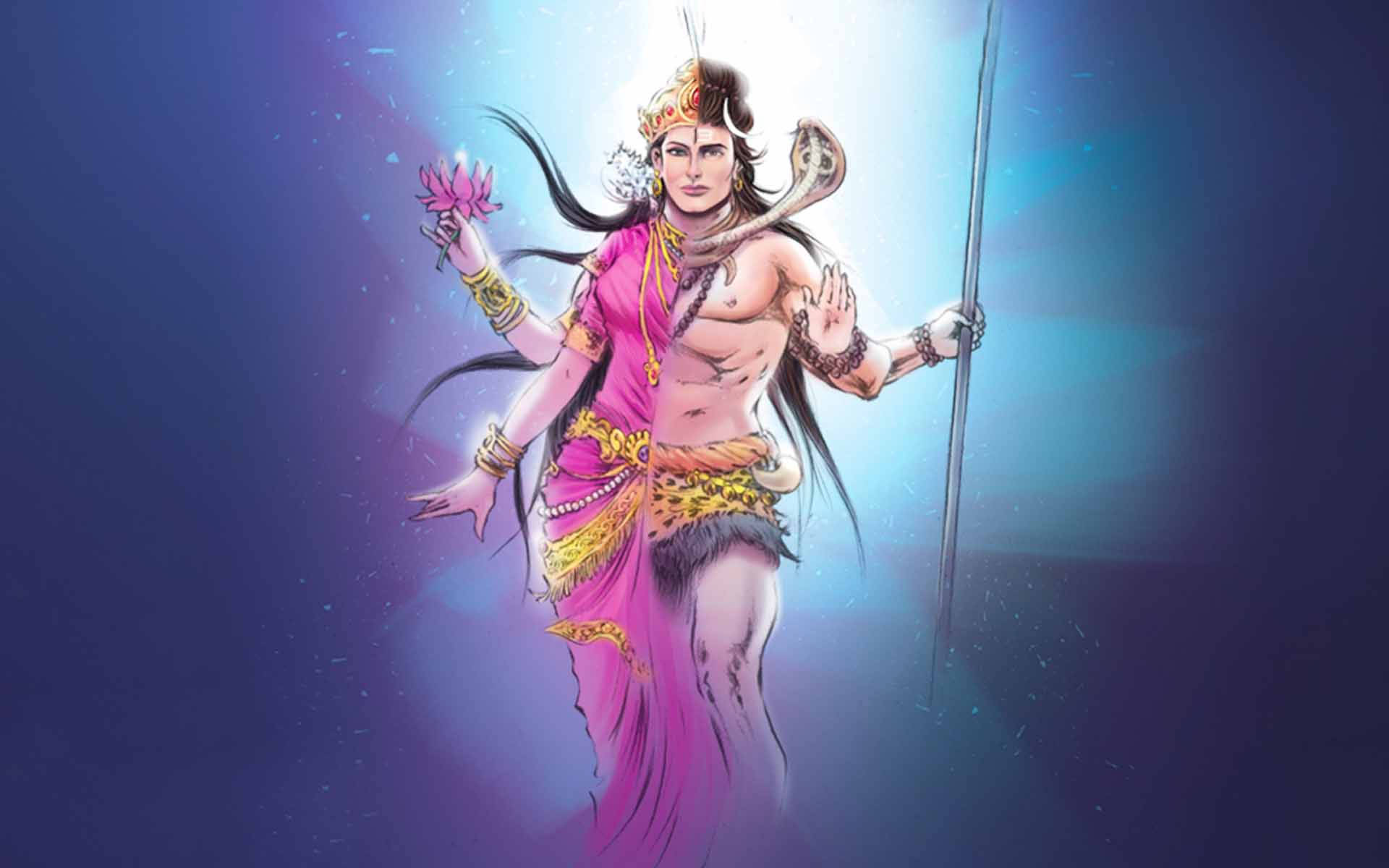 Indian 桌布 壁紙 — 一位神聖的多臂人物，身穿粉紅與金色服飾，手持蓮花和三叉戟，背景是發光的藍色宇宙。
