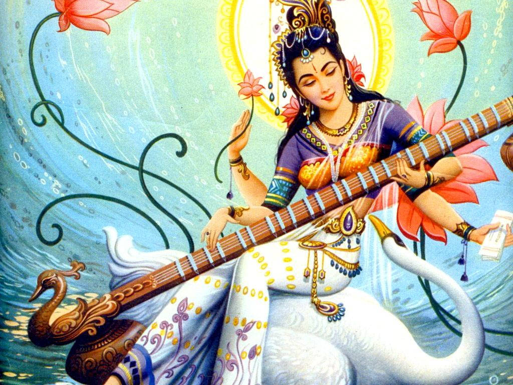 Saraswati Devi 桌布 壁紙 — 一位神聖的女子佩戴華麗珠寶，坐在白天鵝上，在旋轉的蓮花和流水中彈奏天鵝頭西塔琴。
