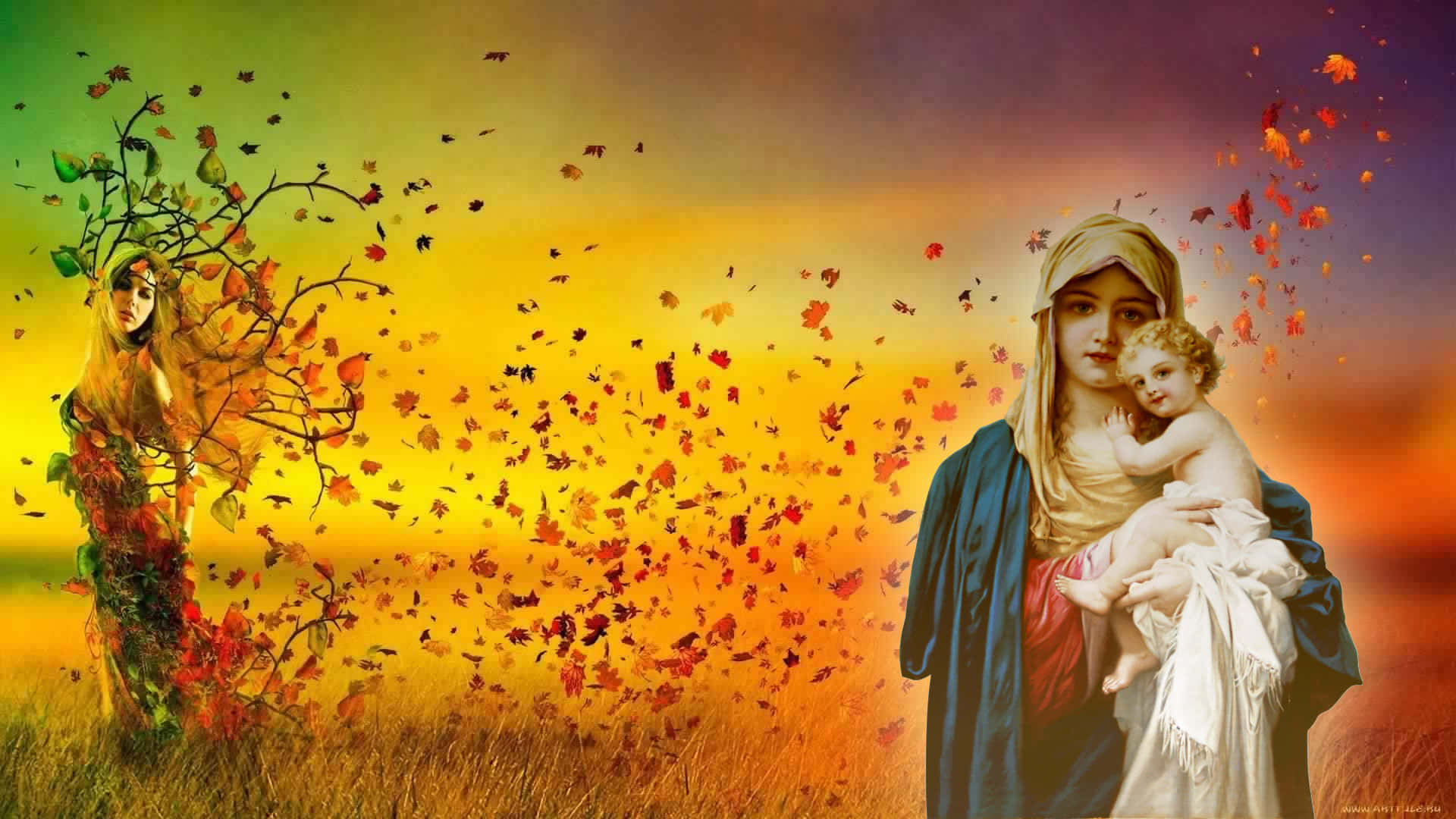 Mother Mary 桌布 壁紙 — 一位神聖的女性懷抱著一個孩子，秋葉在她和一位樹女周圍旋轉，背景是金色的田野。