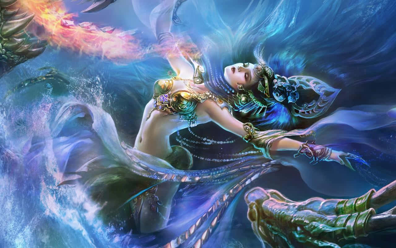 奇幻藝術 桌布 壁紙 — 一位神聖的女戰士，擁有飄逸的藍色長髮和華麗的金色盔甲，在旋轉的宇宙能量中與一條火龍戰鬥。